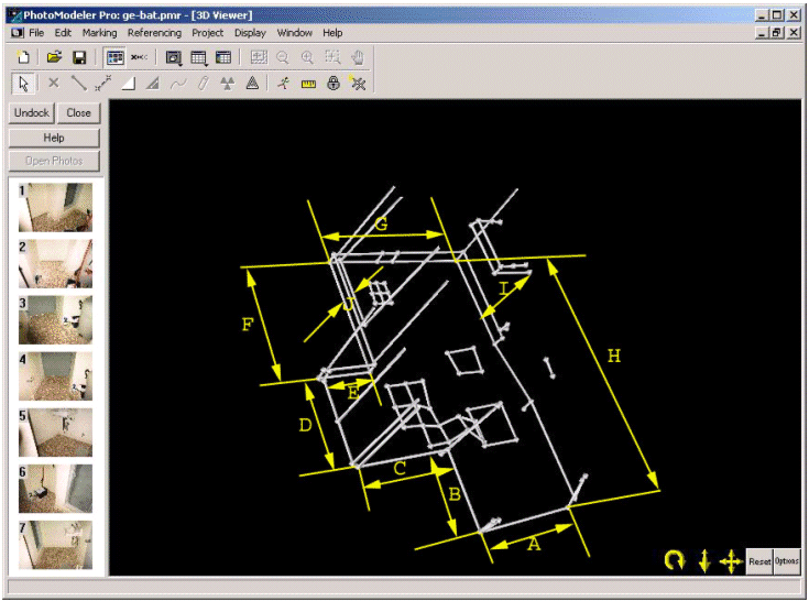 It shows a 3d model that is made for a bathroom in Photomodeler using 5 photos from a disposable camera.