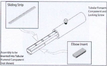 A drawing of a new elbow component.  It consists of a block of HDPE between two straps of plastic, the top one with holes.  All three pieces are inside a PVC pipe.  A hole in the top of the PVC pipe allows a screw to enter and compress the plastic strip with holes to lock the elbow at different angles.
