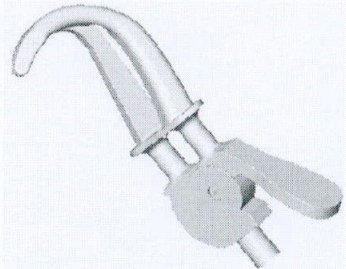 A drawing of a new terminal device.  Composed of Delrin, this hook has a lever for actuation instead of a cable.  The traditional moving and rigid halves of the hook have been switched.