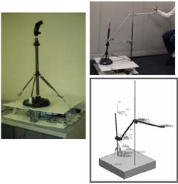 Left: Photograph showing how technology builds around a low-cost ($80) commercial force-reflecting joystick. Top right: Photograph showing TheraJoy with vertical extension. Bottom right: simulation with 3D mechanical model (using Unigraphics). 