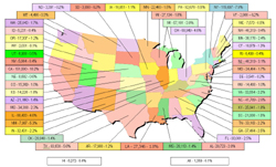 Chart shows a map of the United States and illustrates the population of reported wheelchair users per state. The chart also depicts the percentage of wheelchair users in relation to the national population of wheelchair users. 