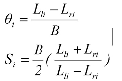 Theta i equals Lli minus Lri over B; Si equals B over 2 multiply parenthesis Lli plus Lri prenthesis over parenthesis Lli minus Lri parenthesis. 