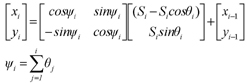 Xi equals cosine phi I multiply Si minus Si times cosine theta I plus sine phi I times Si times Sine Theta I plus x I minus 1. Yi equals sine phi I multiply Si times cosine theta I minus Si plus cosine phi I times Si times Sine theta I plus y I minus 1. Phi I equals the sum of theta j, j from l to i. 