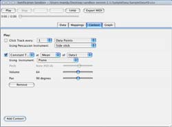 Screen capture of the software shows a multi-tabbed user interface, with the Context Tab selected. This part of the software allows the addition of context to the auditory graph, which are extra sounds that play the role of an axis or tick marks on a visual graph. 