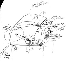 Image shows the sketch of box with a rounded upper casing. There are two rolls on shafts one with the stickers and one with just backing paper. The shafts are rotated by an electrical motor receiving AC power from a cord. The backing paper with a sticker is bent over a tight radius forcing the sticker to separate from the backing paper. A hatch permits access to the components inside the case. 