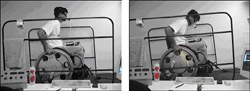 Two photos of the experimental setup on the 2% and 8% grades. Shows a wheelchair user pushing his wheelchair on a treadmill. The subject is sitting up tall on the 2% grade and is leaning forward on the 8% grade.