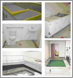 Photos of some of the obstacles included in the ADL course: (1) curb cut, 5.1 cm curb, and deck surface, (2) toilet and bathroom sink, (3) ramp, (4) can of soup and kitchen sink, and (5) door and carpet. 