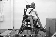 Figure Two shows the post-test side view photos of the dummy and wheelchair’s final position after each of the three tests.  In all tests the wheelchair is upright and similar to the pre-test photos.  In all the photos the ATD is leaning to its left with a torso angle of approximately 45 degrees for test A, 100 degrees for test B, and 15 degrees for test C. 