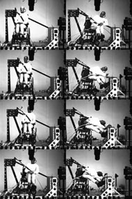 Figure four shows eight photos taken 15 milliseconds apart during test B that show an overview of the wheelchair and dummy movements during the test.  In test B the wheelchair frame moves between nine and ten inches laterally and the ATD bends toward the left from the waist contacts the armrest and reaches a maximum dynamic torso angle of over ninety degrees.