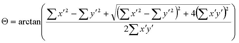 Theta equals the arctan of the ratio where the numerator equals the sum of x prime squared minus the sum of y prim squared plus the square root of the sum of the square of the difference between the sum of x prim squared and the sum of y prim squared and the product of 4 and the squared sum of the products of x prime and y prime. The denominator is 2 times the sum of the product of x prim and y prime. In Equation 1, x prime and y prime represent the transpose of each coordinate given by: x prime equals x sub i minus capital X bar and y prime equals y sub i minus Capital Y bar. Capital X bar is the average of N longitudinal readings given by x sub I and capital Y bar gives the average of N latitudinal readings y sub i. 