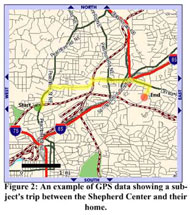 This is a map of the Atlanta area showing the subject&rsquo;s trip from between Shepherd center and their home.