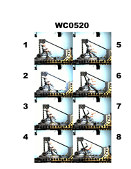 Figure 6.  Time-sequence photos from test of first prototype showing high forward head excursion and head contact with lower extremities due to failure of seatback posts.   The figure shows eight photographs taken sequentially during the crash test.  During the test the wheelchair stays well secured but the ATD bends at the hip and the ATD head hits the middle of the leg.  This excessive head motion is due to the fracture of the seatback canes. 