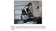 Graphic shows a female wheelchair user pushing uphill on a wheelchair treadmill. The wheelchair and test subject are instrumented to measure the forces applied to the handrim and the motion of the upper body.