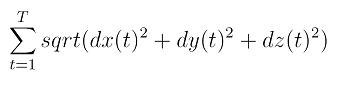 Equation 1.  The equation for torso displacement of the marker at the acromion.  The sum from time equals 1 to time equals T of the square root of dx squared, plus dy squared, plus dz squared.  Here, dx is the derivative of marker displacement in the x direction, dy in y and dz in the z direction. T measures the number of samples in the segment of motion corresponding to the reach.