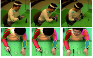 Figure 2.  At the top, the system tracking colored markers affixed to the joints.  At bottom, a region based tracker following the location of limb segments, each of which corresponds to a different color on a jersey.