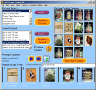 The image displays the MAPS caregiver script editor There is a typical MS windows menu bar at the top with the menu items (left to right) “File”, “Edit”, Client”, “Options”, “Prompter Utilities” “Help”. The body of the application window is split into three panes, the top one half is split into two and the bottom half is one whole fame.  The upper left frame has controls for selecting the picture and the sound for the script, five prompts of which are displayed in the lower frame. The upper right frame shows ‘thumbprints’ of the images that can be chosen for the script. 