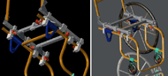 This 3D computer model shows the wheelchair seat frame supported by seven-load cells in order to measure forces in x, y, and z axis.