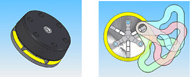 Figure shows a 3-D drawing of the rotary buckle receptacle with several large v-shaped openings around the circumference to allow a latch plate easy entrance into the buckle. 