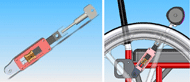 Side view of pelvic belt mechanism that provide for adjustable length, showing how the adjusting mechanism, buckle attachment rod, and rotary buckle receptacle connect with a bolt to a strong (securement) portion of the wheelchair frame. 