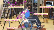 8 VICON Cameras (MCam2, Vicon Peak, Centennial, CO) were placed around the room where experiments took place. Kinematics were measured by recording VICON markers that were located on wheel of wheelchair, and on the subjects’ shoulder, arm, wrist and hand. Kinetics were measured by a SmartWheel® (Three Rivers Holdings LLC, Mesa, AZ), that consisted of a torque sensor attached at center of wheel. EMG electrodes were placed on the shoulder of the individual.