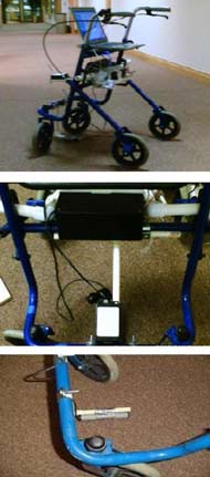 This Figure describes the iWalker and its major components which include the the compass, RFID antenna and the box containing the RFID reader, OOPic microcontroller, and battery.