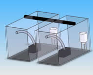 This figure shows a 5 gallon water storage tank with a pump and float switch fitted inside. The float switch is mounted in a cup with a small hole at the bottom to prevent the backflow of water when the pump is turned off from turning back on the float switch.  