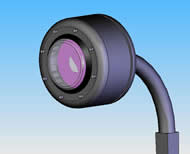 This exploded view shows a cylindrical container on which a large central button light is mounted. Eight LEDs make a circle of small lights around the central light. The assembly is mounted using a 1/2 " flanged PVC connector on a curved 90 degree belled PVC tube. The tube is connected to a ground stake for securing it to the planter.  