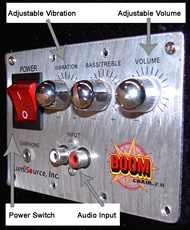 Image displays view of the Boom Chair control unit.  The picture includes labels for, from left to right on the top row: the power switch, adjustable knobs for vibration, bass, and volume, and on the bottom row: the earphone jack, and the RCA jacks for audio input.