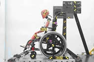 This is a photo of a side view of a 6-year old Hybrid three ATD seated in a manual pediatric wheelchair. The wheelchair is secured to a test sled with four strap-type tiedowns. The ATD is wearing a three-point occupant restraint. High contract markers are placed on the head, shoulder and knee. 