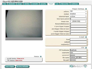 Image shows a screen captured from trigger tap in the set-up menu of the IQeye video conferencing software. It shows that Trigger was set to act with FTP and  FTP was set with FTP hostname of ftp.pitt.edu , username, password, filename format, and file path.