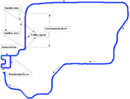  Map of the VR driving course showing the areas studied. Three sections of the VR course were analyzed, the residential, school and commercial zones. The subjects drove first through the residential zone, then moving around the map of that neighborhood in a clockwise direction, entered the school zone and finally made a left turn into the commercial zone. The area studied was approximately one quarter of the entire closed circuit. (The figure was drawn in MatLab and pasted into this Word document.)