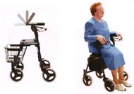 Image shows a rollator with a reversible back-strap and an elderly person sitting on the rollator 