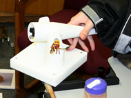 This photograph shows the right hand position of P4, who has muscular dystrophy, grasping the laser joystick. P4 had limited strength, dexterity, and range of motion. 