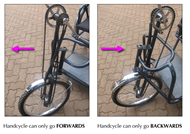 This figure shows the orientations of the steering column for both forward and backwards movement.  Because the wheel can only rotate in one direction, the steering column can be rotated 180 degrees into these two configurations to allow movement and ambulation in both directions. 