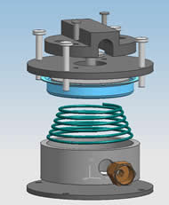 Figure 2 shows an exploded view of the valve, including, from top to bottom, the twist on cover, the screw posts, the top plastic disc, the plunger/diaphragm, the spring, the plastic tube used as the body, a quick connect sipping inlet, and the bottom plastic disc.  