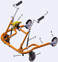 This Solid Model shows the overall view of the CU Walker with the 6 main components labeled: 1) Fun feature Nerf Gun, 2) Handles 3) Gas Springs 4) Rear wheels 5) Frame and 6) Corrective Stopping brake 7) Casters by Rifton Equipment.  