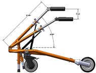 This 2D model displays the side view of the walker.  One handle is shown in the upright position.  One handle is collapsed.  This figure shows how the corrective brakes will engage the floor when the handles depress.  It also shows how the gas springs can be adjusted along the base frame. 
