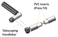 These two 3d models of the handles show the details of the adjustable locking joint.  One view is collapsed. One view is expanded.  In the expanded view, you can see how the two interlocking PVC pieces can be pulled apart and rotated and reinserted to change the handle orientation. 