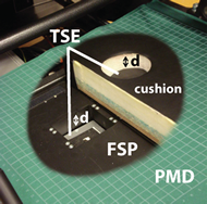 Figure 3: Adjustable force sensing seating plane (FSP) with an external pressure mapping device (PMD) placed on top. Two adjustable force sensing tuberal support elements (TSE) are integrated in the FSP. Maximal tuberal adjustment (d) is shown. 