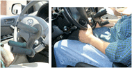 This figure shows three pins on a base that is mounted on a steering wheel. These three pins are protruding out to allow someone with limited hand function to grasp hold of the pins and rotate the steering wheel. These controls are often positioned directly in front of wheelchair seated drivers, which may increase driver risk of injury during a frontal crash.