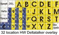 Image shows a 8 x 4 horizontally oriented grid with letters in alphabetical order, numbers sharing cells with letters, and control cells for Speak, Hello, Space, and switching between Minspeak and spelling. 