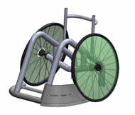 This solid model shows the wheelchair in an isometric view.  It shows two side frames weld to the front bumper, and that the axle connects to the side frames by two vertical pipes.  It also shows that the wheelchair uses very few parts, and therefore requires few welds. 