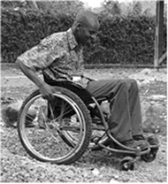This figure shows the LFC compared to the two most common types of mobility aids available in developing countries: conventional handrim-propelled wheelchairs and hand crank-powered tricycles.  