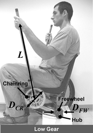 This figure demonstrates how multiple mechanical advantages can be obtained through the LFC drivetrain. If the user grasps the levers far away from the pivots, he can generate large amounts of torque at the wheel to travel through soft soil or up steep hills. If the user grasps the levers near the pivots, he can swing the levers through a large angle during every push stroke, creating a high wheel velocity to go fast on flat terrain, smooth terrain.  