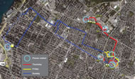 . This map illustrates PWC travel performed on three different days (coloured lines). The light blue circles indicate the places visited, which were identified by the clustering of points in the same area.