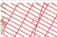 Figure 3 shows part of the SVG map of Time Square generated by the algorithm from the input file similar to the one in Figure 1. The input file contains the street lines but no street names. The street names are given as attributes of street segments in the SVG file and are not properly placed. In the output file shown in this figure, the streets form a grid of lines. The street lines are in red, the street names are in green. The street line widths and colors, the font style, size, and color can be changed by the user. 