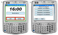 Figure 1. Main screens of Mobus. a) The patient-application displays the present time, the next activity, and allows the patient to consult his/her own list of activities (“act.”) and symptoms (“sympt.”); b) The caregiver-application allows to consult patients’ characteristics, their activities and symptoms, as well as other caregivers involved.