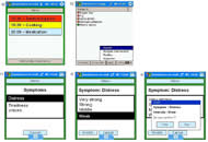 Figure 2. a) Patient's PDA : activity in red is a past activity, in yellow is a present activity, and in grey is a future activity; b) The caregiver can remotely verify if the patients validated their activities (green discs) or not (red discs). c) Patients can signal anything they are experiencing, and precise at which intensity, from anywhere, at anytime. For example, a patient signals that he is feeling distressed. d) A new window opens with some proposition of intensities. Here, the patient feels a weak distress. e) A last window opens so that the patient can verify and confirm what he selected.