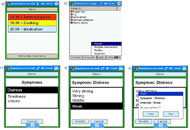 Figure 2. a) Patient's PDA : activity in red is a past activity, in yellow is a present activity, and in grey is a future activity; b) The caregiver can remotely verify if the patients validated their activities (green discs) or not (red discs). c) Patients can signal anything they are experiencing, and precise at which intensity, from anywhere, at anytime. For example, a patient signals that he is feeling distressed. d) A new window opens with some proposition of intensities. Here, the patient feels a weak distress. e) A last window opens so that the patient can verify and confirm what he selected. 