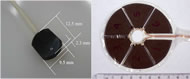 The LDFM probe is pictured with dimensions 12.5 x 9.5 x 2.3 mm. An image of the interface pressure sensor (approximately 7cm diameter) shows its six trapezoidal sensors. 
